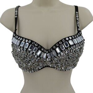 Body O Womens Medium Silver Rhinestone Beaded Sequin Black Underwire Padded Bra